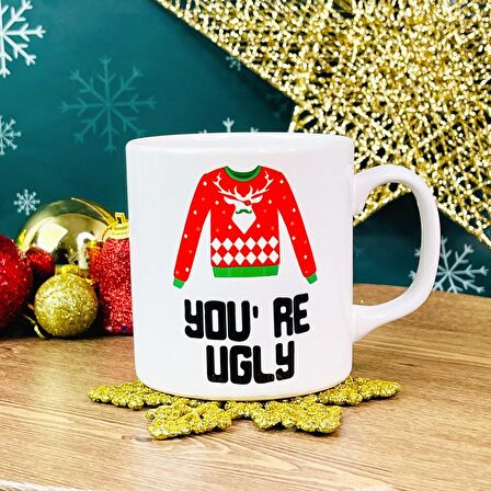 You're Ugly Tasarımlı Kupa Baston Şeker Ve Mini Balon Gece Lambası Yılbaşı Seti