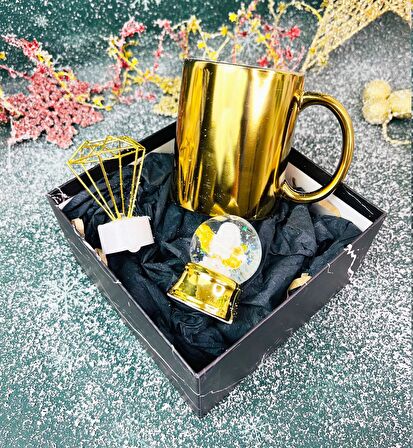 Gold Kupa Mini Elmas Gece Lambası Ve Altınyaldızlı Melek Kar Küresi Yılbaşı Seti