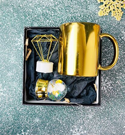 Gold Kupa Mini Elmas Gece Lambası Ve Altınyaldızlı Melek Kar Küresi Yılbaşı Seti