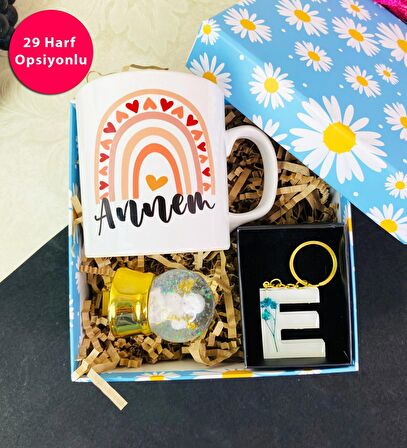 Çiçekli Epoksi Anahtarlık Ve Gökkuşağı Anne Tasarımlı Kupa Set