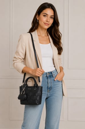 Nas Bag Mini Premium Şık Kadın 2 li Set ve Charmlı ve Cüzdanlı  El ve Çapraz Çanta Siyah