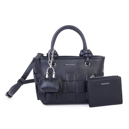 Nas Bag Mini Premium Şık Kadın 2 li Set ve Charmlı ve Cüzdanlı  El ve Çapraz Çanta Siyah