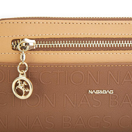 Nas Bag Kadın Yatay Cüzdan Geniş Kullanımlı çift Fermuaarlı Taba Camel Gofraj
