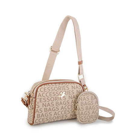 Nas Bag Kadın Mini Çapraz Çantası Vizon Taba Yazılı