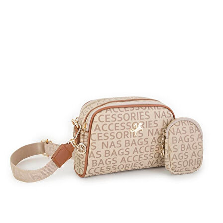 Nas Bag Kadın Mini Çapraz Çantası Vizon Taba Yazılı