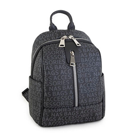 Nas Bag  Büyük Boy Geniş İç Hacim  Kadın Sırt Çantası Siyah Yazılı