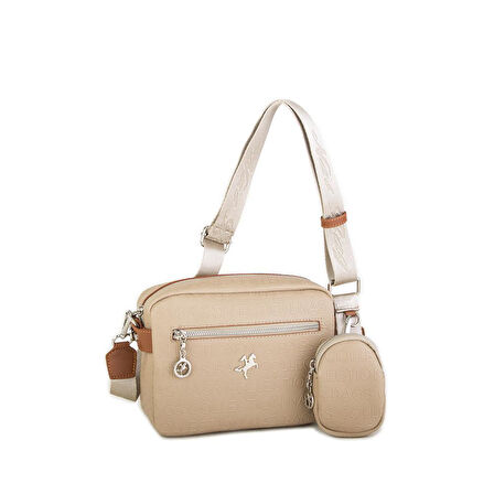 Nas Bag Kadın Çapraz Çanta Mini Cüzdanlı Ayarlanabilir Askılı Vizon Taba   Gofraj