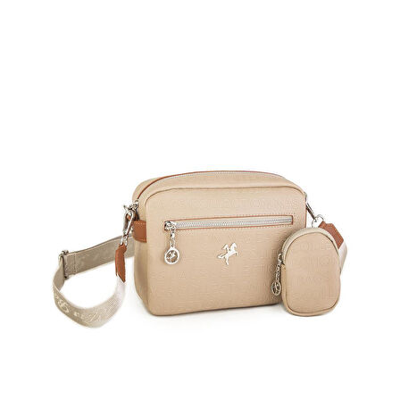 Nas Bag Kadın Çapraz Çanta Mini Cüzdanlı Ayarlanabilir Askılı Vizon Taba   Gofraj