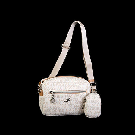 Nas Bag Kadın Çapraz Çanta Mini Cüzdanlı Ayarlanabilir Askılı Krem Camel Yazılı