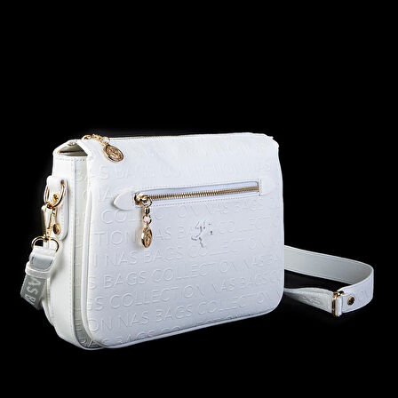 Nas Bag Kadın Çapraz Çanta Kalın Ayarlanabilir Askılı Çanta Beyaz Gofraj (En: 26 cm,  Boy: 22 cm )
