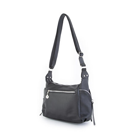 Nas Bag Kadın Çapraz Çanta Siyah Yıkamalı ( 26x21x15 cm)