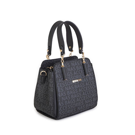 Nas Bag Kadın Sade ve Şık El ve Omuz Çantası Siyah Yazılı  (Ölçüsü:24x21x16)