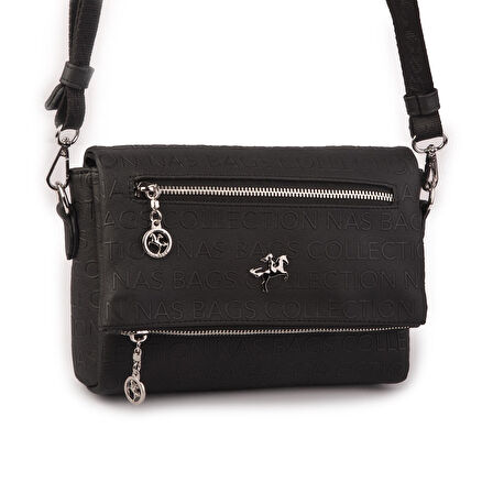 Nas Bag Kadın Çapraz Çok Cepli Spor Çanta Siyah Gofraj  (25x18x7 cm )