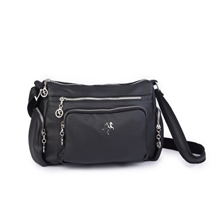 Nas Bag Kadın Çapraz Çok Gözlü Günlük Çanta Siyah  Yıkamalı ( 30x22 cm ebatlarındadır.)