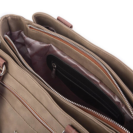 Nas Bag Kadın Çanta Omuz El ve Çapraz Çanta Çok Gözlü Vizon Taba King (en:37 cm ; boy:24 cm )