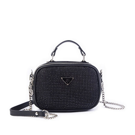 Nas Bag Zincirli Kapitone Çift Gözlü El ve Çapraz Çanta Siyah  Taşlı ( 21x16 cm )