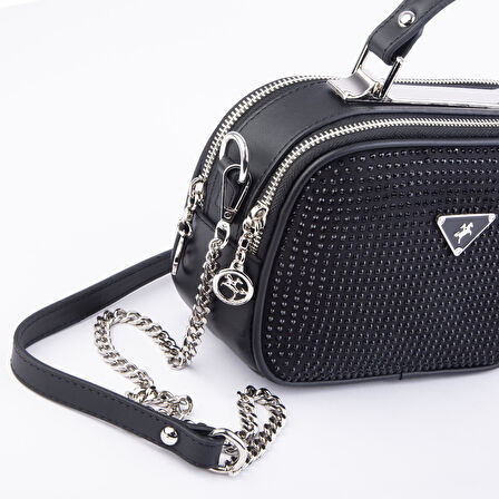 Nas Bag Zincirli Kapitone Çift Gözlü El ve Çapraz Çanta Siyah  Taşlı ( 21x16 cm )