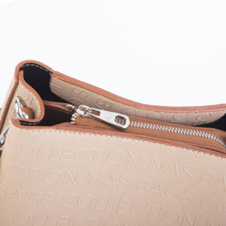 Nas Bag Kadın Postacı Çanta Çift Askılı Kum Taba Gofraj