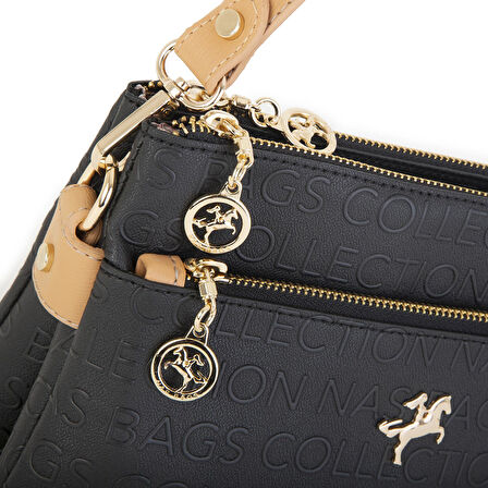 Nas Bag Kadın Çapraz Çanta Siyah Camel Gofraj
