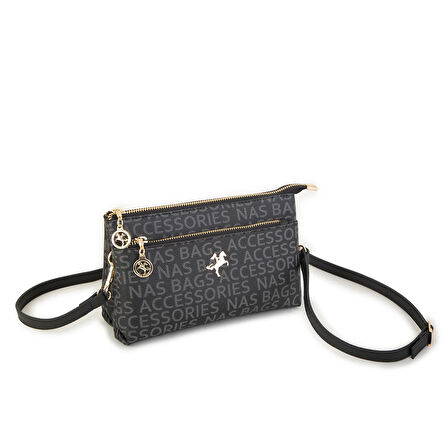 Nas Bag Kadın Çapraz ve Clutch Çanta Bilek ve Çapraz Askılı Siyah  Yazılı (24x15 cm) 