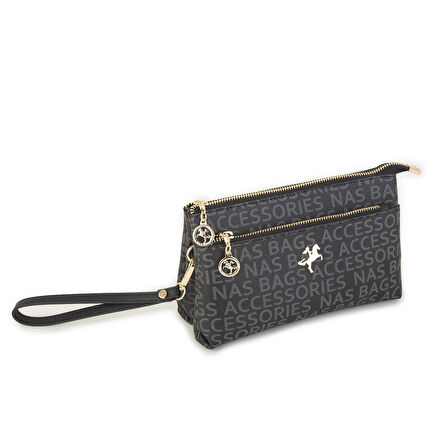 Nas Bag Kadın Çapraz ve Clutch Çanta Bilek ve Çapraz Askılı Siyah  Yazılı (24x15 cm) 