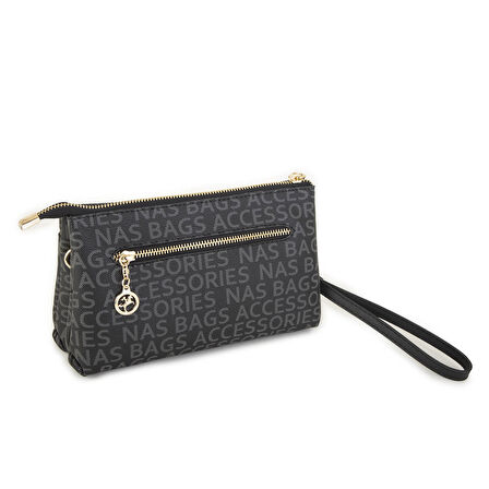 Nas Bag Kadın Çapraz ve Clutch Çanta Bilek ve Çapraz Askılı Siyah  Yazılı (24x15 cm) 