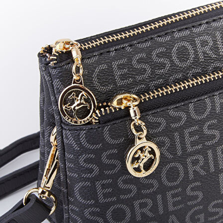 Nas Bag Kadın Çapraz ve Clutch Çanta Bilek ve Çapraz Askılı Siyah  Yazılı (24x15 cm) 