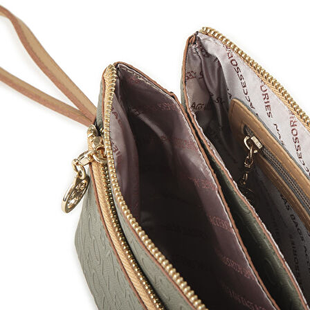 Nas Bag Kadın Çapraz ve Clutch Çanta Bilek ve Çapraz Askılı Yeşil Camel Gofraj  (24x15 cm) 