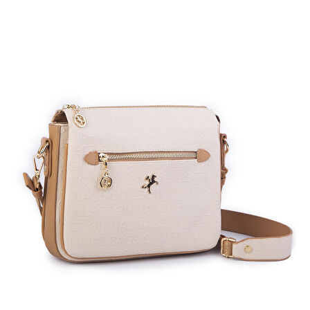 Nas Bag Kadın Çapraz Çanta Kalın Ayarlanabilir Askılı Çanta Krem Camel Gofraj (En: 26 cm,  Boy: 22 cm )