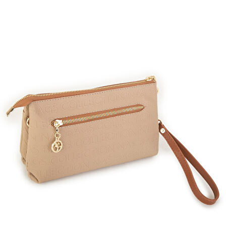 Nas Bag Kadın Çapraz ve Clutch Çanta Bilek ve Çapraz Askılı Kum Taba  Gofraj  (24x15 cm) 