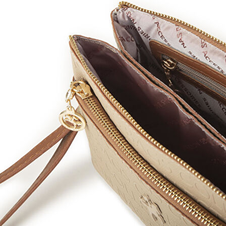 Nas Bag Kadın Çapraz ve Clutch Çanta Bilek ve Çapraz Askılı Kum Taba  Gofraj  (24x15 cm) 