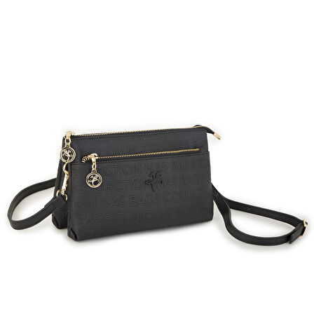 Nas Bag Kadın Çapraz ve Clutch Çanta Bilek ve Çapraz Askılı  Siyah  Gofraj  (24x15 cm) 
