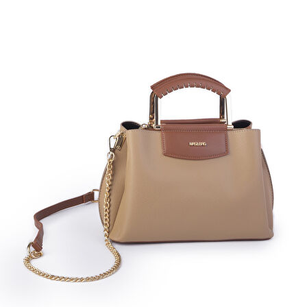 Nas Bag Kadın Şık Zincirli El ve Omuz Çantası Midiboy Kum Taba  27x 19 cm 