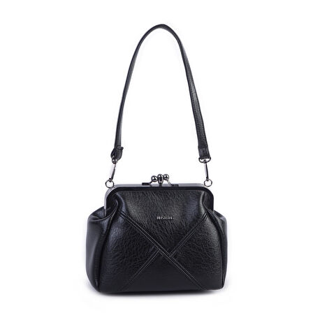 Nas Bag Mini Vintage Burslu Klipsli Kadın Omuz ve Çapraz Çanta Siyah Victoria ( 20x17 cm)