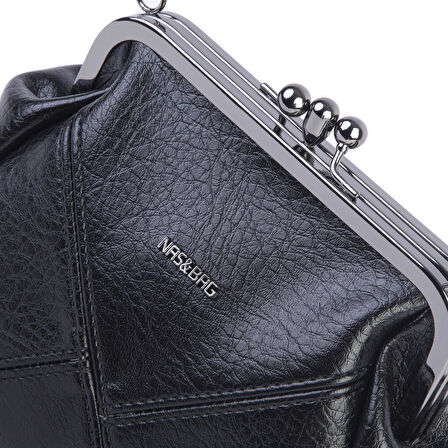 Nas Bag Mini Vintage Burslu Klipsli Kadın Omuz ve Çapraz Çanta Siyah Victoria ( 20x17 cm)