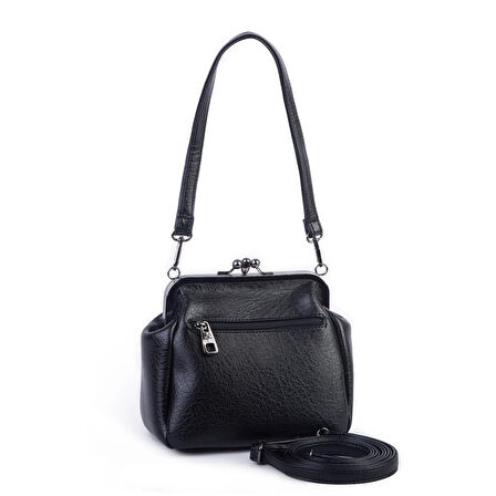 Nas Bag Mini Vintage Burslu Klipsli Kadın Omuz ve Çapraz Çanta Siyah Victoria ( 20x17 cm)
