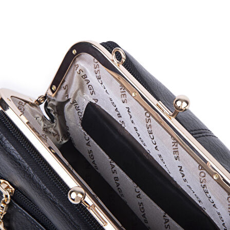 Nas Bag Burslu Klipsli Vintage Omuz ve Çapraz Çanta (23x20 cm ebatlarındadır) Siyah Victoria
