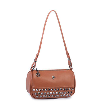 Nas Bag Mini Kadın Taşlı Zımbalı Omuz ve Çapraz Baget Çanta Taba Dona