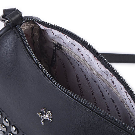 Nas Bag Mini Kadın Taşlı Zımbalı Omuz ve Çapraz Baget Çanta Siyah Dona