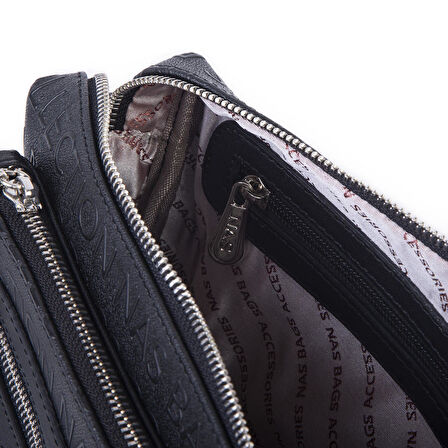 Nas Bag Günlük Çok Gözlü Çanta (en: 26 cm  ; boy:17 cm) Siyah Gofraj