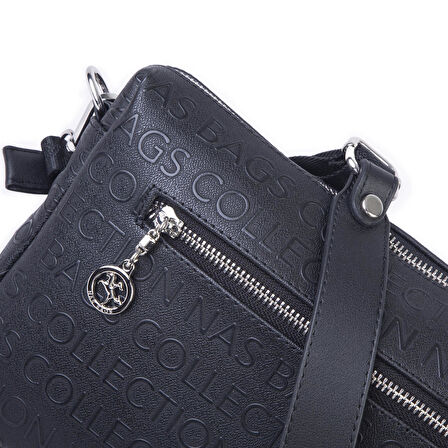 Nas Bag Günlük Çok Gözlü Çanta (en: 26 cm  ; boy:17 cm) Siyah Gofraj