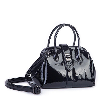  Nas Bag Kadın  Mini Boy Klipsli El ve Postacı Çantası Siyah Rugan (20x13 cm)