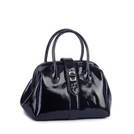  Nas Bag Kadın  Mini Boy Klipsli El ve Postacı Çantası Siyah Rugan (20x13 cm)