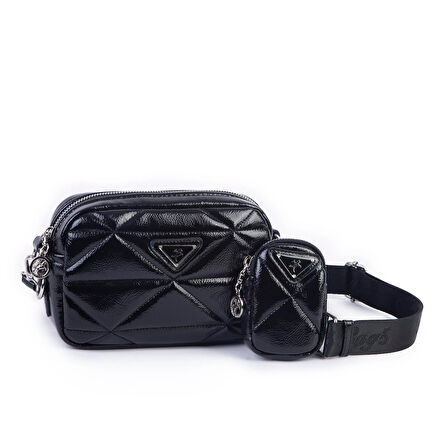 Nas Bag Kadın Mini Spor Kapitone Mini Cüzdanlı Çapraz Çanta Siyah Rugan