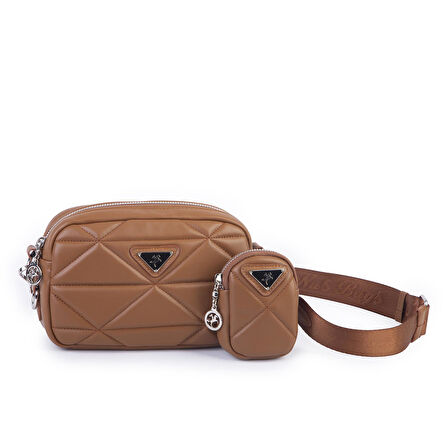 Nas Bag Kadın Mini Spor Kapitone Mini Cüzdanlı Çapraz Çanta Taba