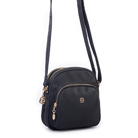 Nas Bag Kadın Çok Gözlü Günlük Çapraz ve Omuz Çanta Siyah Saten  (20x22 cm)