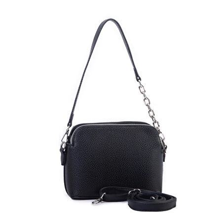 Nas Bag Kadın Omuz ve Çapraz Zincirli ve Uzun Çift Askılı (20x15 cm) Siyah Lopez