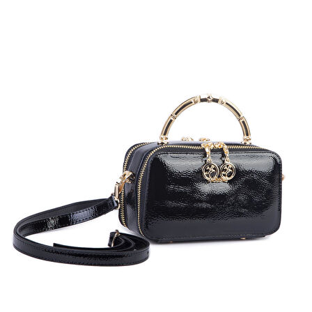 Nas Bag Kadın Mini El ve Çapraz Çanta Siyah Rugan  (en :18 cm  boy:10 cm) 