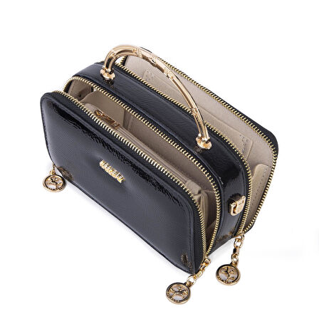 Nas Bag Kadın Mini El ve Çapraz Çanta Siyah Rugan  (en :18 cm  boy:10 cm) 