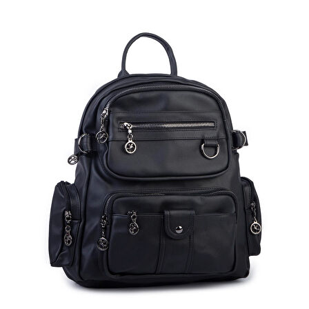 Nas Bag Kadın Çok Gözlü Büyük Boy  Sırt Çantası Siyah